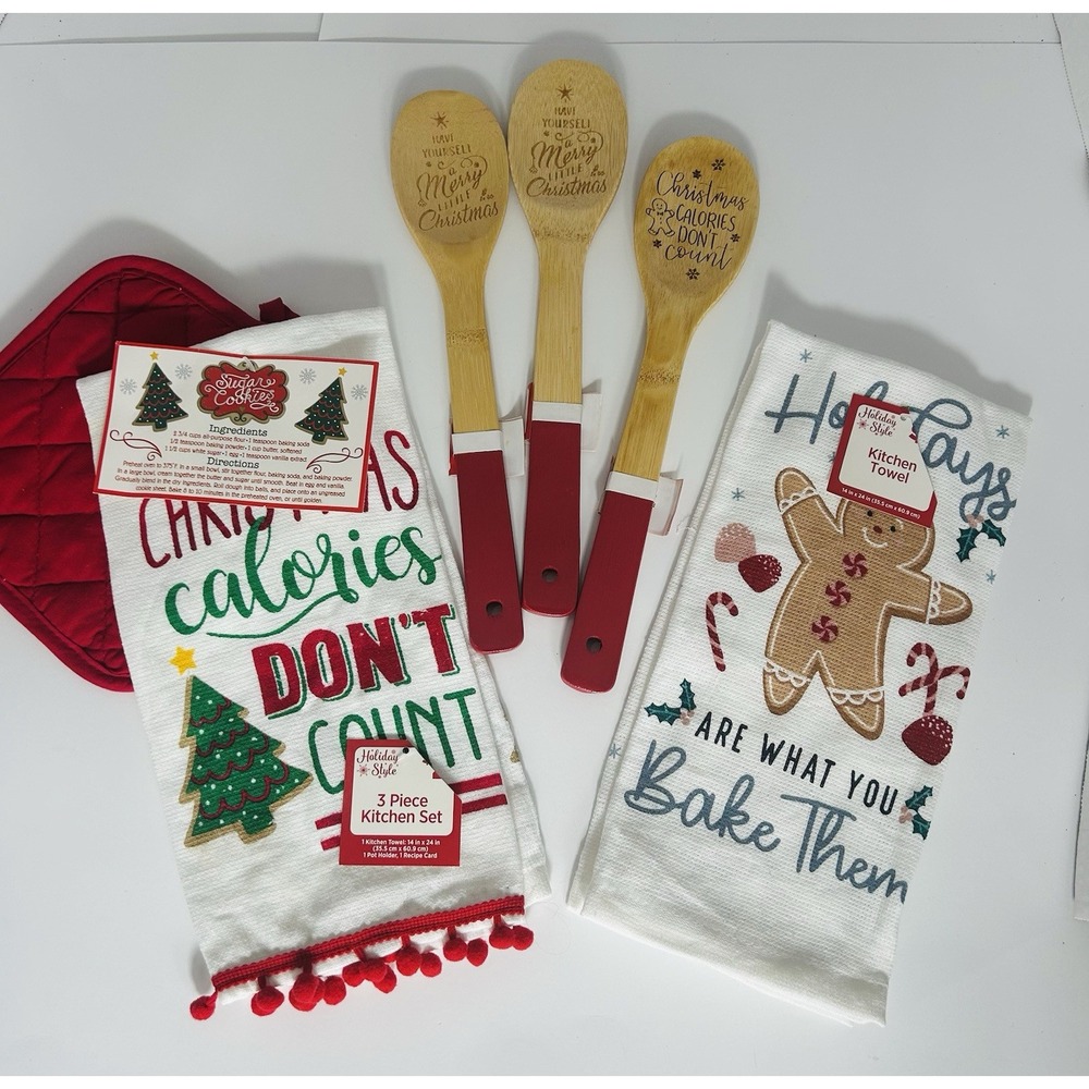 Christmas Tea Towel & Spatula Set‎ Holiday Baking Gingerbread Cookies 6 Pc Set